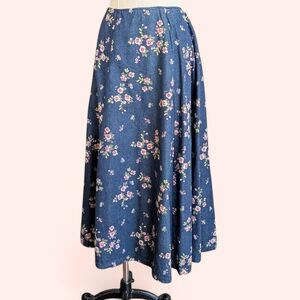 Cottagecore Floral Denim Midi Skirt Handmade Vintage Style Blue Prairie Skirt
